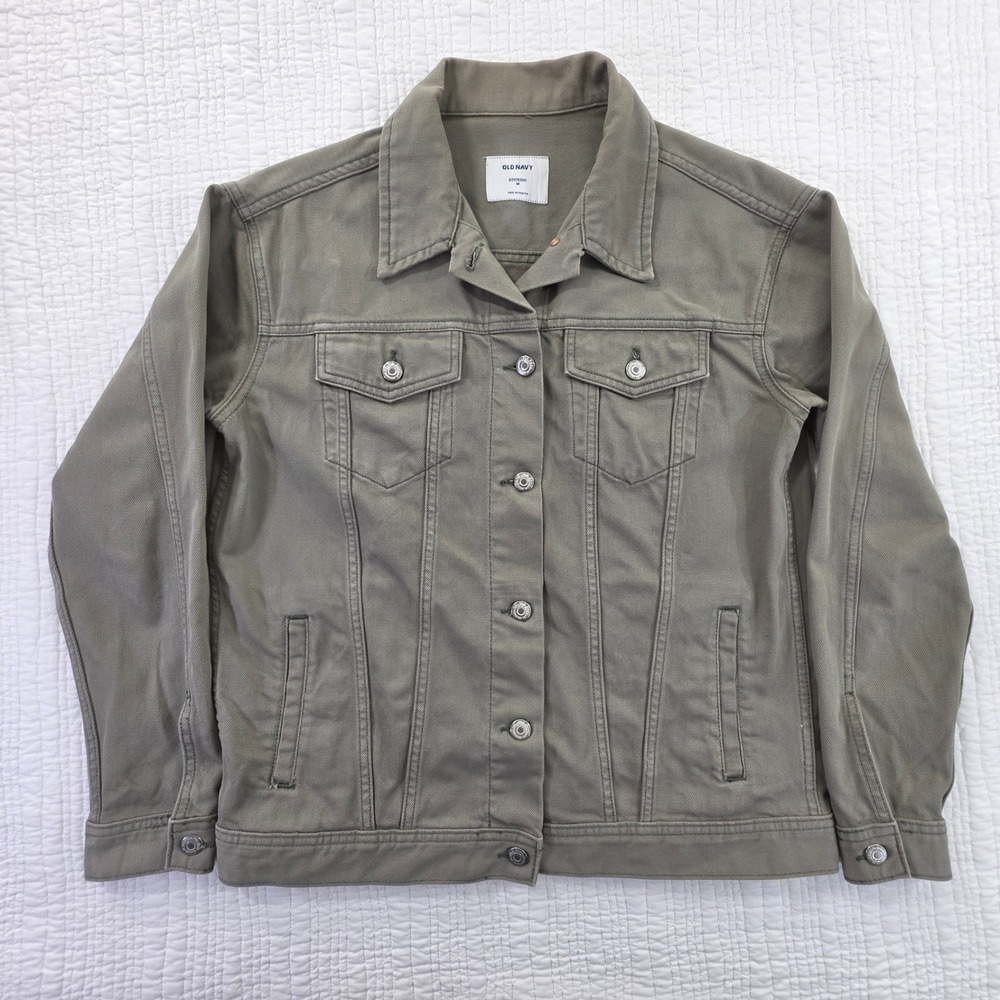 Old Navy Boyfriend Utility Jacket Medium Olive Green Twill Trucker Coat EUC